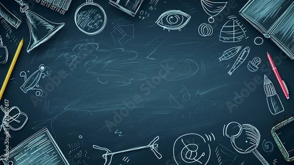 Obraz Abstract blackboard. Sketchy background with hand drawn school supplies. Education concept