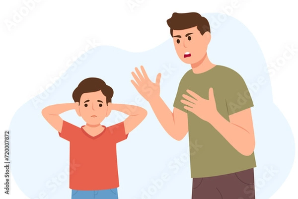 Fototapeta Angry Father Shouting at his son. Kid covering ears from aggression. Domestic Violence And Unhappy Childhood, Family Problem And Bad Relationship.Vector illustration