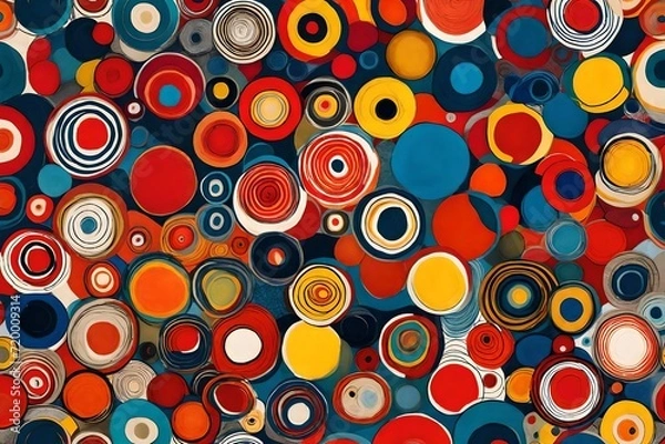 Obraz Playful and sophisticated, an abstract masterpiece unfolds with circles in a seamless pattern, bathed in the lively brilliance of primary colors.