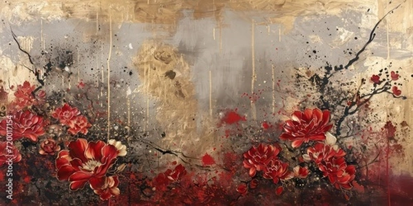 Fototapeta Japan style art painting graces the canvas with its opulent silver and gold background, reminiscent of the lavish hues found in the style of crimson and bronze.