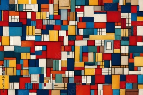 Fototapeta Playful and sophisticated, an abstract masterpiece unfolds with squares in a seamless pattern, bathed in the lively brilliance of primary colors.