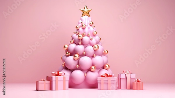 Obraz  composition pink Christmas tree with presents. 3d render