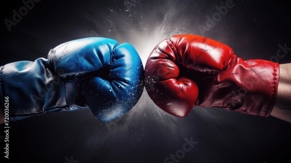 Obraz Closeup two man hands in red and blue boxing gloves hitting each other on isolated dark misty background