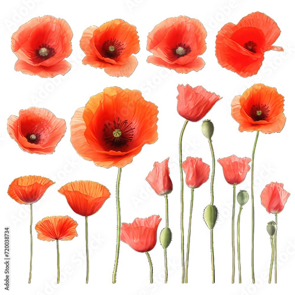 Obraz Poppies flowers  isolated on white background.   Poppies flowers on  png transparent background