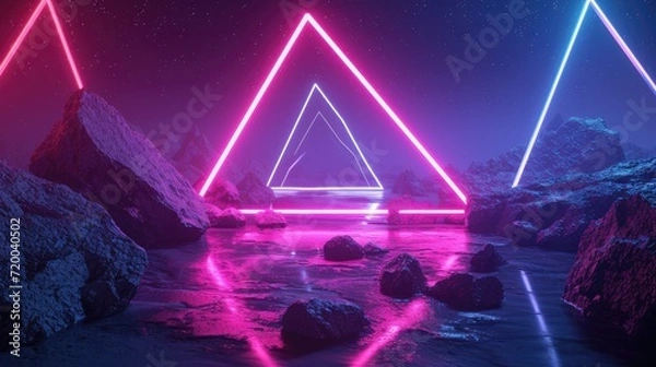 Fototapeta extraterrestrial landscape with neon triangular geometric frame background