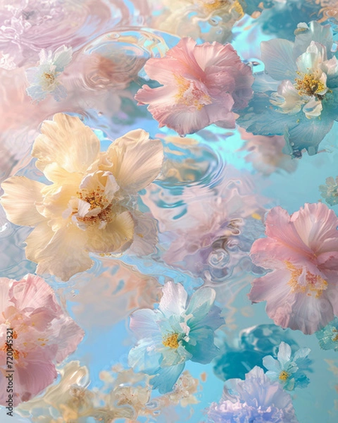 Fototapeta An image of flowers floating in the water. Light pastel hues aesthetic. Romantic spring floral concept.
