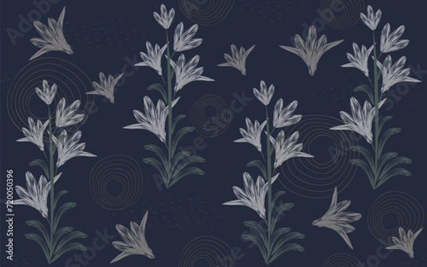 Fototapeta Seamless pattern with gray lilies and gold decoration on dark background. Vector illustration for cover, wallpaper, textile design