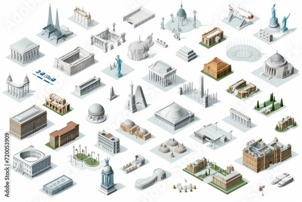 Fototapeta Isometric Vector Art Sprite Sheet, Highlighting Various Architectural Styles and Building Types, on a White Canvas, Generative AI