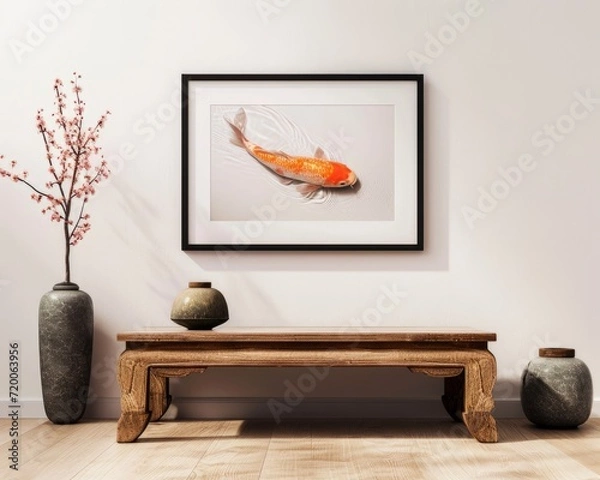 Fototapeta Zen-inspired interior showcasing a koi fish canvas, blending natural motifs with modern decor