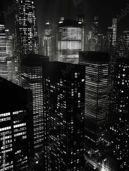 Fototapeta Monochrome Cityscape of Skyscrapers at Night. A dramatic monochrome cityscape at night showcasing the high-rise architecture and dense urban lighting of a bustling metropolis.