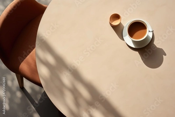 Fototapeta Coffee cup on coffee table top background. Overhead view.