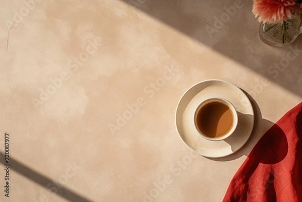 Fototapeta Coffee cup on textured table top background. Overhead view.