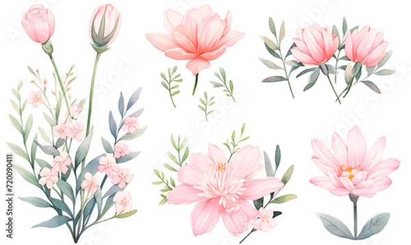Obraz Watercolor pink flower object, Generative AI