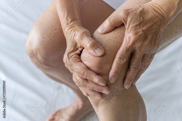 Obraz An elderly woman holds on to her sore knee with arthrosis, sharp pain in her leg