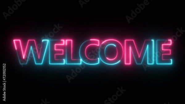 Fototapeta Glowing neon sign welcome on black background. Welcome neon light calligraphic banner. Neon welcome signboard