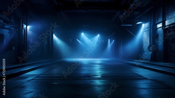 Obraz A dark empty street, dark blue background, an empty dark scene, neon light, spotlights The asphalt floor and studio room with smoke float up the interior texture. night view 