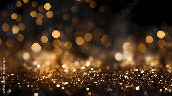 Obraz Abstract festive dark background with gold glitter and bokeh. New year, birthday, holidays celebration.