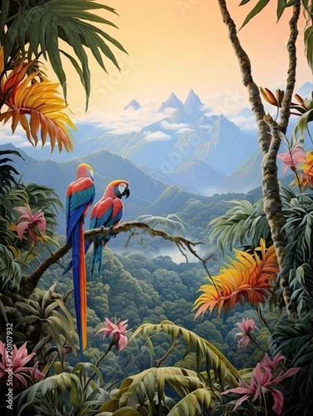 Fototapeta Vibrant Tropical Birds Mountain Landscape Art: High-Altitude Species Murmuring at Sunrise