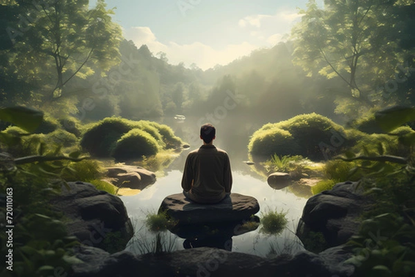 Obraz A man practicing mindfulness and meditation in a peaceful natural environment sony A7s realistic image, ultra hd, high design very detailed