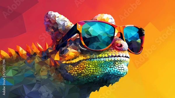 Obraz chameleon wearing sunglasses on a solid color background, vector art, digital art, faceted, minimal, abstract, panorama background.