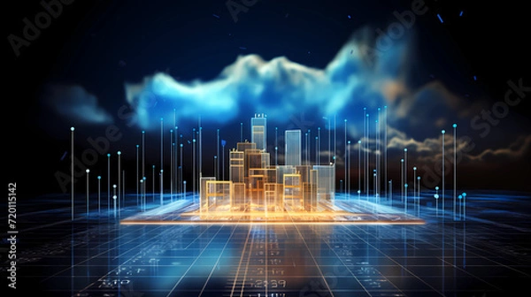 Obraz Digital informational technology web futuristic hologram with cloud icon, blue golden light digits and code background, cloud computing. Abstract Motion of digital data flow.