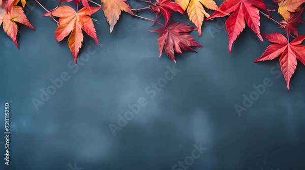 Obraz Autumn background with colored red leaves on blue slate background. Top view, copy space