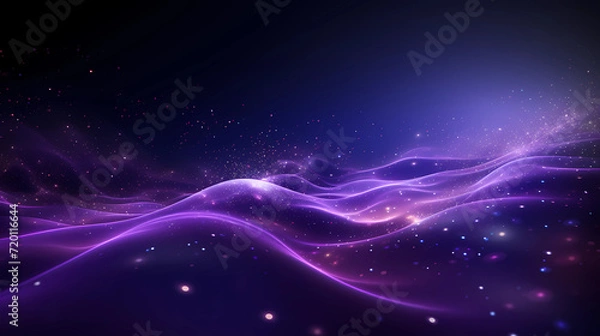 Obraz Digital purple particles wave and light abstract background with shining dots stars.