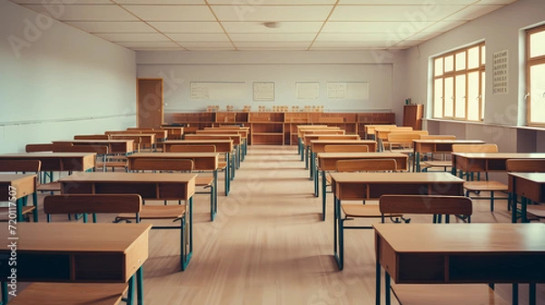Obraz Empty Classroom. Back to school concept in high school. Classroom Interior Vintage Wooden Lecture Wooden Chairs and Desks. Studying lessons in secondary education.