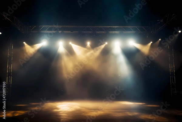 Fototapeta Empty concert stage with illuminated spotlights and smoke. Stage background with copy space