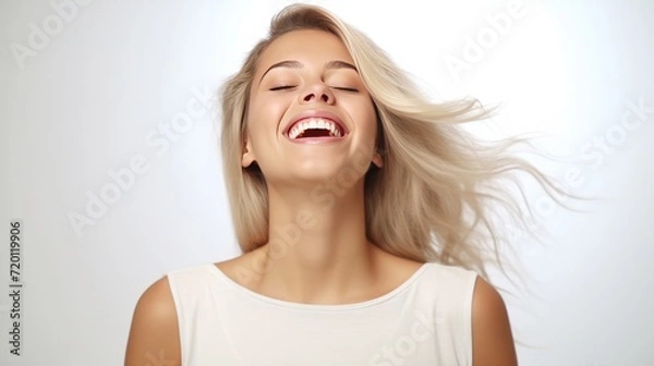 Fototapeta A happy girl feel Orgasm concept against a bright light background. Generative AI.