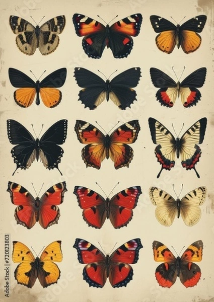 Fototapeta Vintage set of butterflies isolated,AI generated
