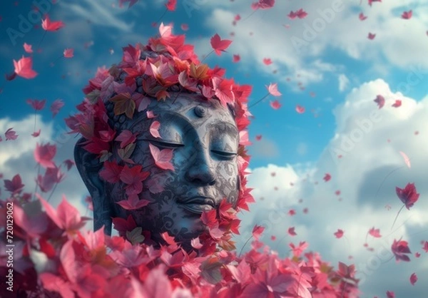 Fototapeta banner with the image of a plaster Buddha's head covered with pink leaves on a background of blue sky clouds, light red and blue colors, the concept of meditation and Zen