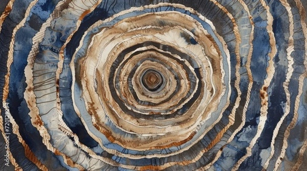 Fototapeta Generative AI, Abstract watercolor wood stump rings or circles. Drawn poster design with blue, brown and beige colors. 