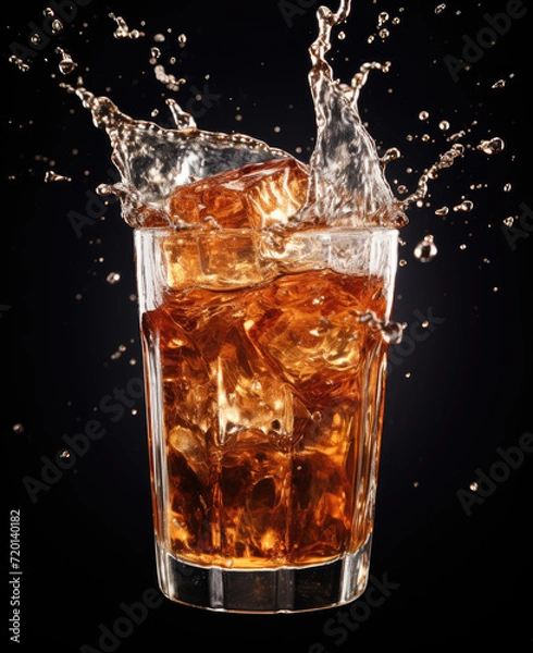 Fototapeta Cola drink spilling from Glass when ice cubes are thrown in