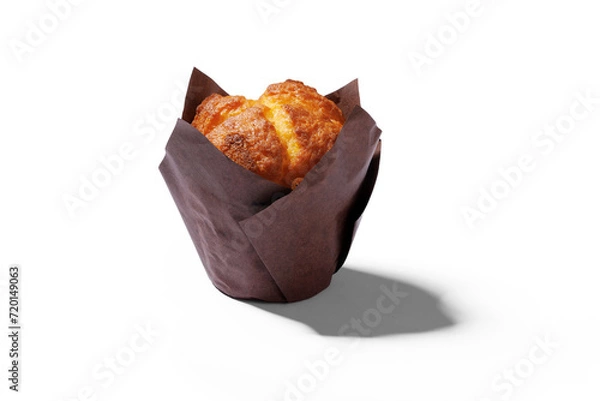 Fototapeta One muffin in brown paper isolated on a transparent background with transparent shadow.