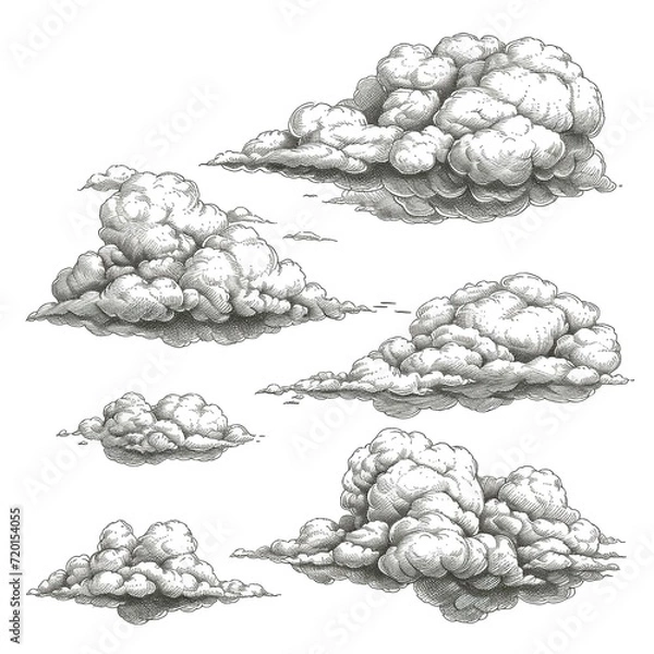 Fototapeta clouds drawn by hand with a pen, in the style of engraving. Generated AI