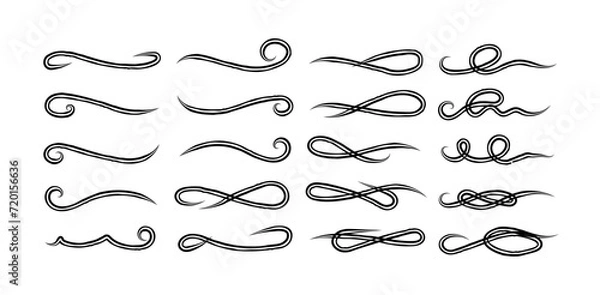 Fototapeta Set of crayon emphasis. strike through black charcoal lines. doodle freehand different curved underlines, crosses and ovals. Horizontal hand drawn marker stripes, brush swoops and swooshes