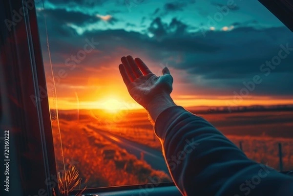 Fototapeta man in car window waving his hand and catching the wind at sunset, travel concept