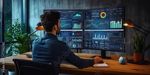 Fototapeta Businessman analyzing data in technology at night in office. Engaging in financial management man at computer showcasing digital charts and graphs. Professional marketing and online communication