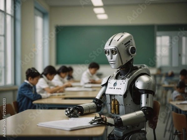 Fototapeta Humanoid robot working as teacher in school. AI Generated.