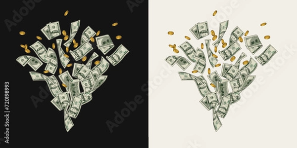 Fototapeta Money dollar composition like fountain, firework with pile of flying apart 100 dollar notes, banknotes, golden coins. Composition, design element in vintage style.