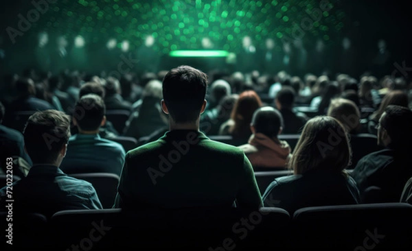 Obraz Back-lit Silhouettes: Captivating Audience Engrossed in Educational Conference at Dimly Lit Auditorium