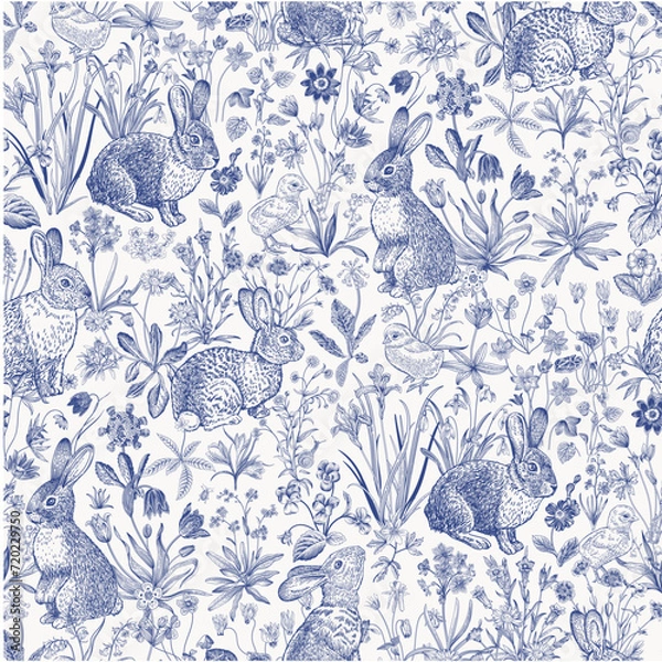 Obraz Lawn. Seamless pattern. Vintage vector illustration. Bunnies and chickens are among the flowers. Blue and white