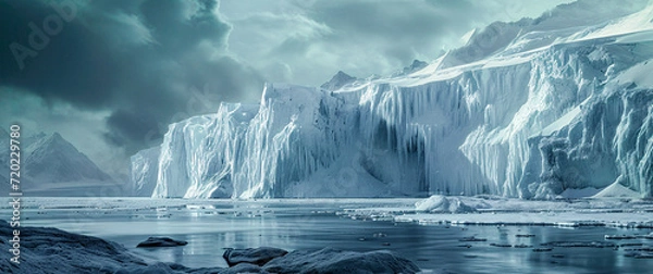 Fototapeta Iceberg in Arctic Ocean with Seascape with Ice Glaciers Wallpaper Background Poster Illustration Digital Art Cover Card