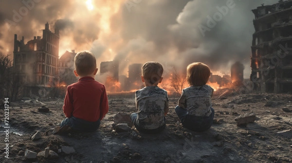 Fototapeta Children sit in front of a burnt city destroyed due to military conflict
