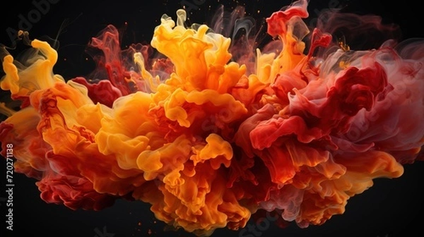 Fototapeta Color ink images moving through the air, Red and orange color explodes dynamite, A Symphony of Colors: Ethereal Ink Images Dancing in the Air - Abstract AI Cloud Explosion