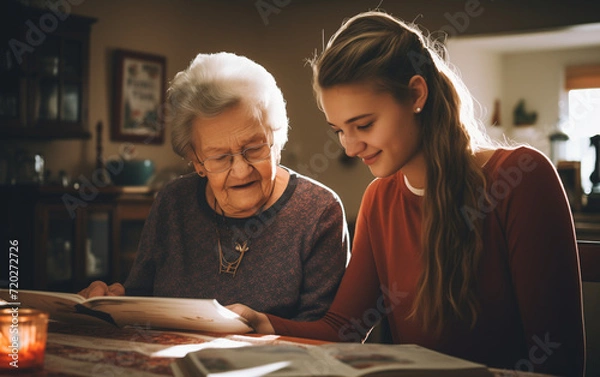 Obraz caregiver helping an elderly client look at a tablet,