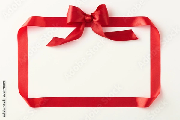 Fototapeta Red ribbon shaped like valentine card on light background. Top view. Copy space