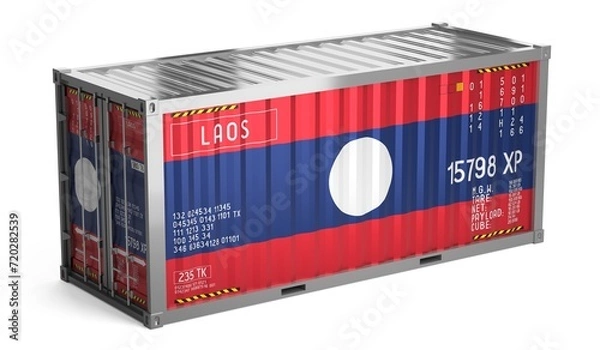 Fototapeta Freight shipping container with national flag of Laos on white background - 3D illustration