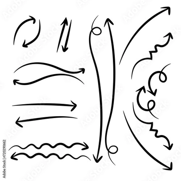 Obraz Set of hand-drawn black arrows with vector illustration elements featuring flowers, birds, swans, and decorative swirls.